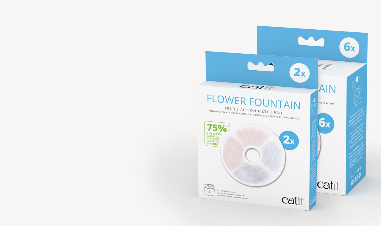 Catit Flower Fountain Triple Action filter packaging in two and six filter pack sizes