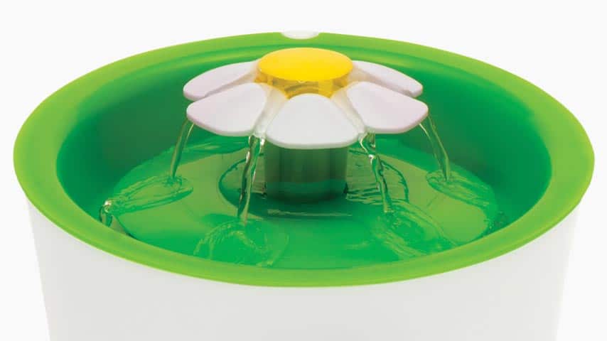 Full-size green Catit Flower Fountain with its white and yellow flower spout